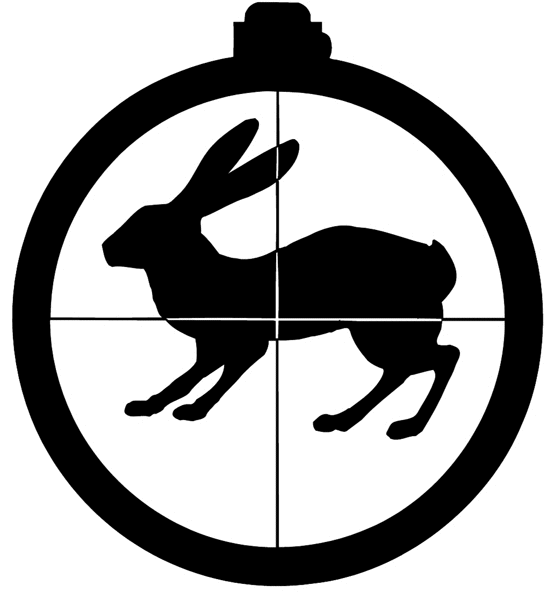 Rabbit silhouette in rifle sights vinyl sticker. Customize on line. Hunting 054-0092